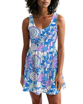 Vibrant abstract floral geometric print skater dress in blue and purple hues, fit-and-flare design, perfect for parties and casual outings